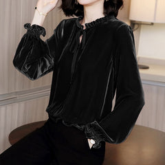 Vintage Long Sleeve Velvet Ruffled Shirt - Black / S -