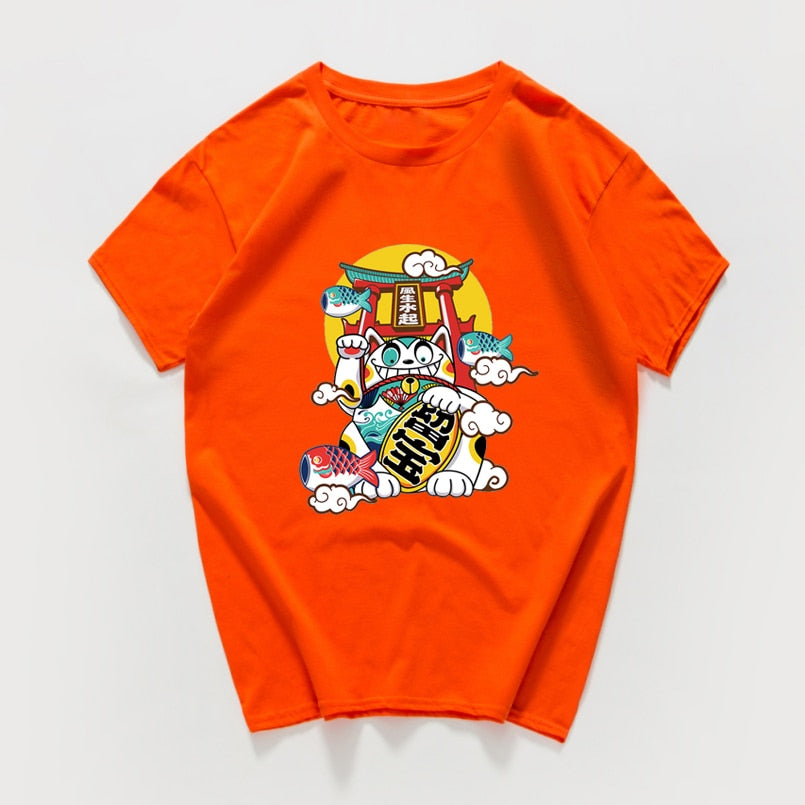 Japanese Harajuku Lucky Cat T-Shirt - Orange / S
