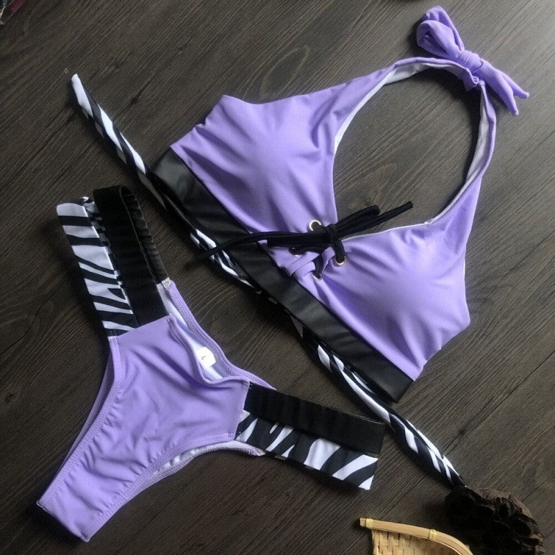 Silk Lace-Up Backless Bikini - Purple / S