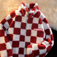 Thumbnail for Velvet Checkerboard Stitching Zipper Jacket - Red / M