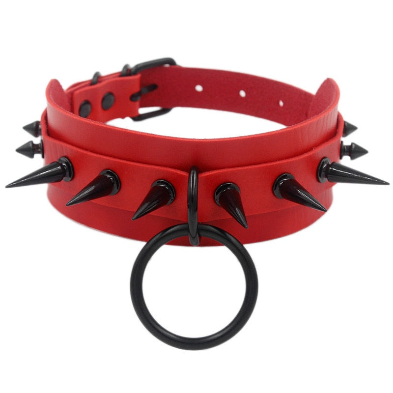 Gothic Punk O-ring Spike Collar Studded - Red / One Size