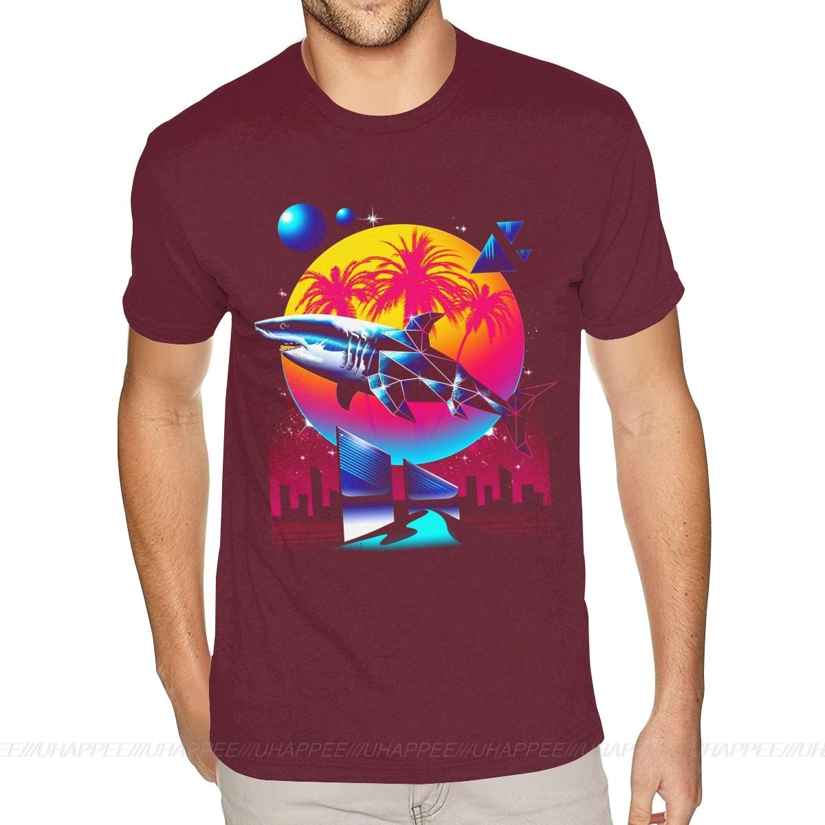 Aesthetic Shark Vaporwave T-Shirt - Burgundy / S