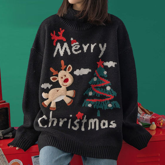 Merry Christmas Turtleneck Oversize Sweater - M / black