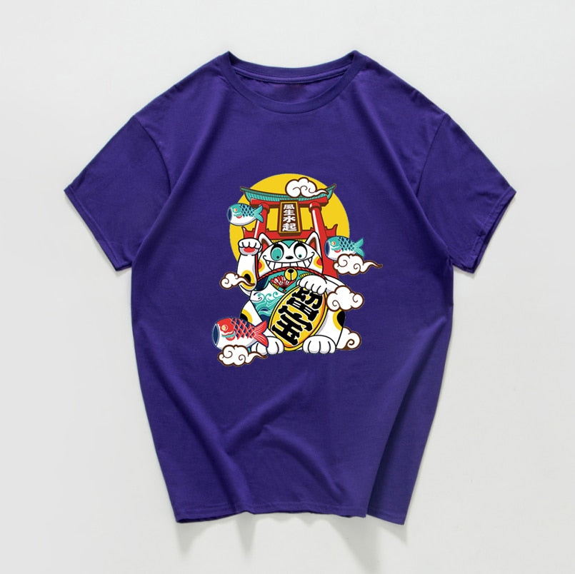 Japanese Harajuku Lucky Cat T-Shirt - Purple / S