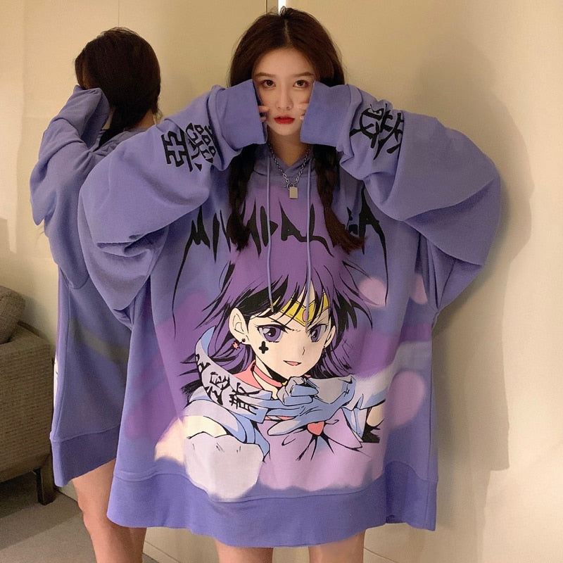 Japanese Cute Girl Cartoon Oversized Hoodie - Purple / M -