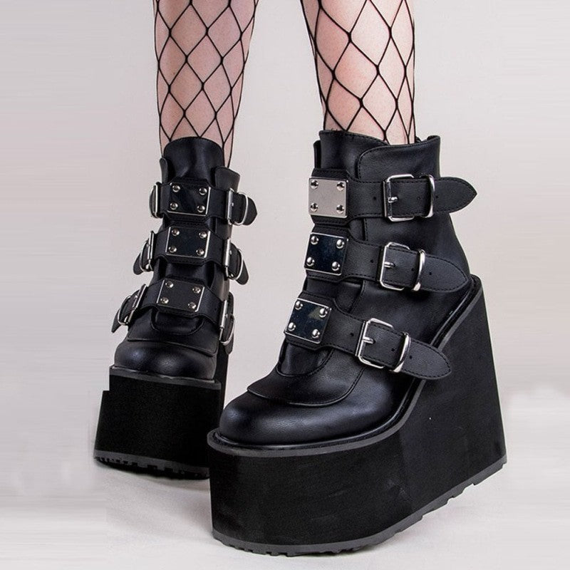 High Platform Metal Buckle Wedges Gothic Boots - black ankle