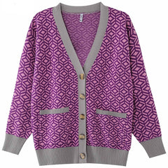 Diamond Pattern Loose Knit Cardigan - Gray Purple / S