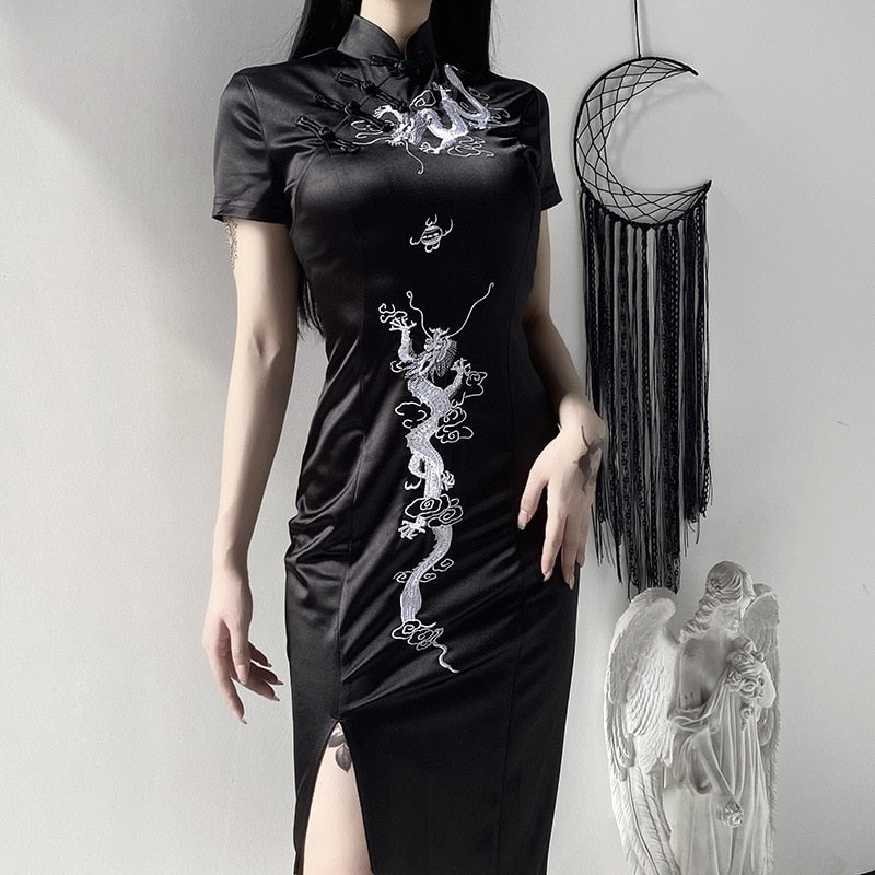 Dragon Open Side Long Velvet Chinese Style Dress -