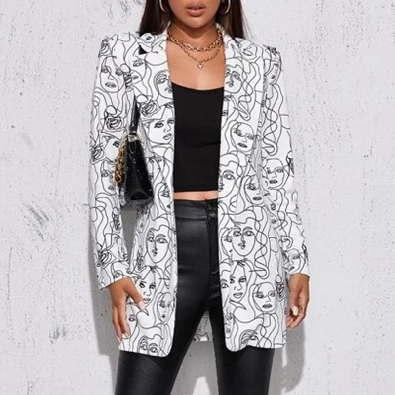 Women Abstract Faces Long Sleeves Lapel Suit Blazer - Face