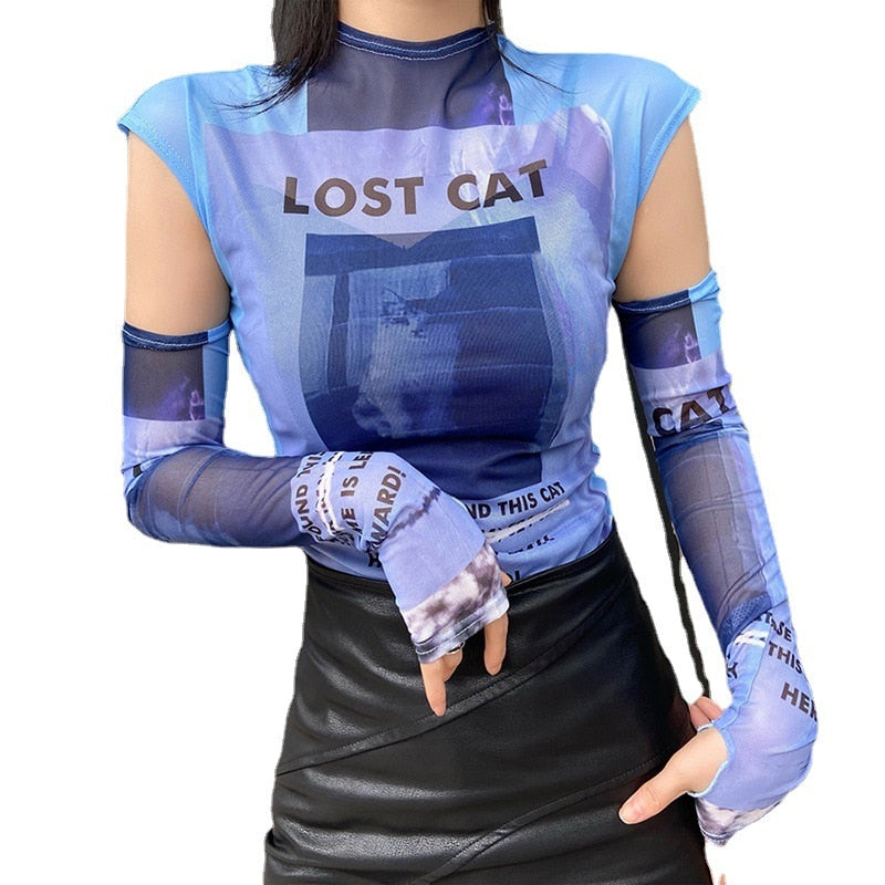 Lost Cat Mesh T-shirt With Sleeves - T-Shirt
