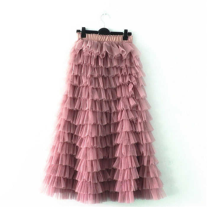 Ruffled Mesh Tutu Skirts - Pink. / S