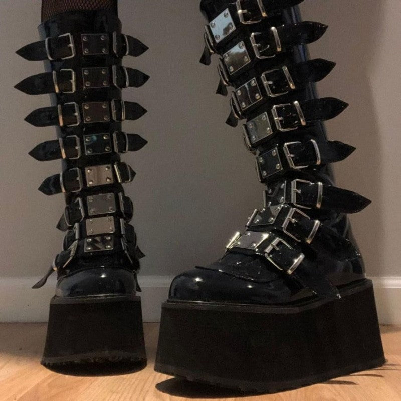 High Platform Metal Buckle Wedges Gothic Boots - black