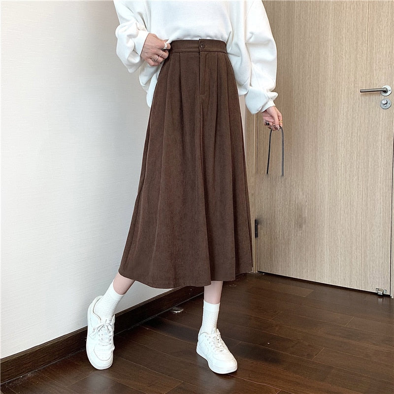 Solid Color Corduroy Vintage Pleated Long Skirt - Auburn /