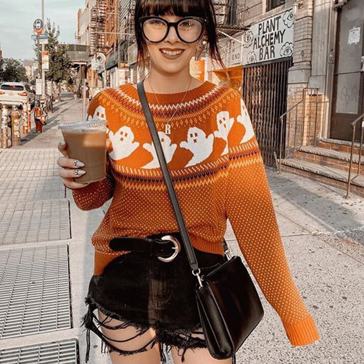 Ghost Long Sleeve Loose Knitted Sweate - Orange / One Size -