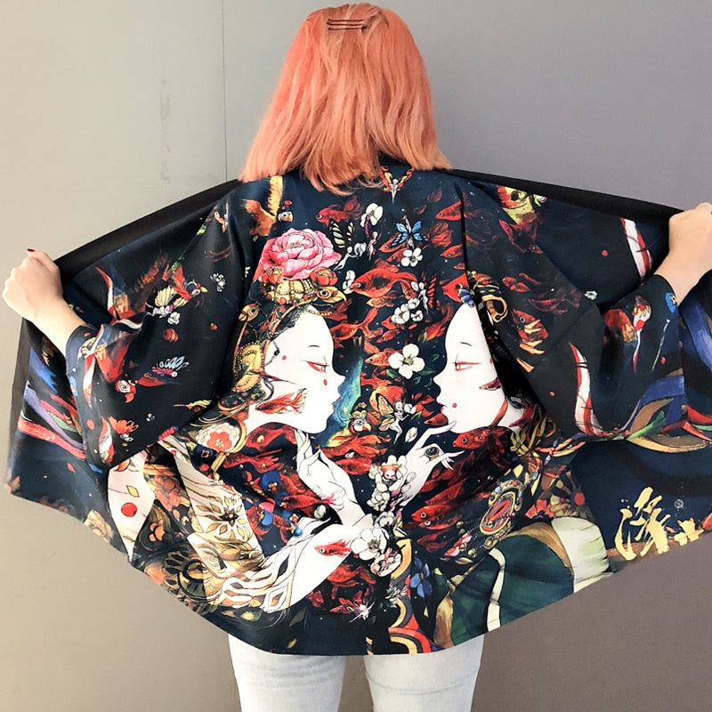 Harajuku Aesthetic Japanese Kimono - Black Orange Pink / One