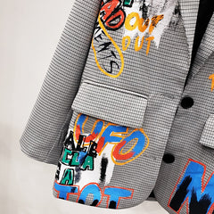 Letter Graffiti Plaid Lapel Suit Blazer