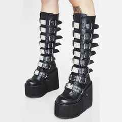 High Platform Metal Buckle Wedges Gothic Boots - black style