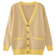 Diamond Pattern Loose Knit Cardigan - Yellow / S