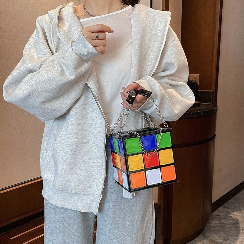 Rubik’s Cube Design With Metal Chain Bags - One Size /