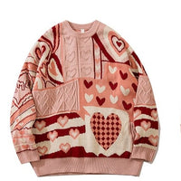 Thumbnail for Heart Color Block Knitted Sweater - Pink / M