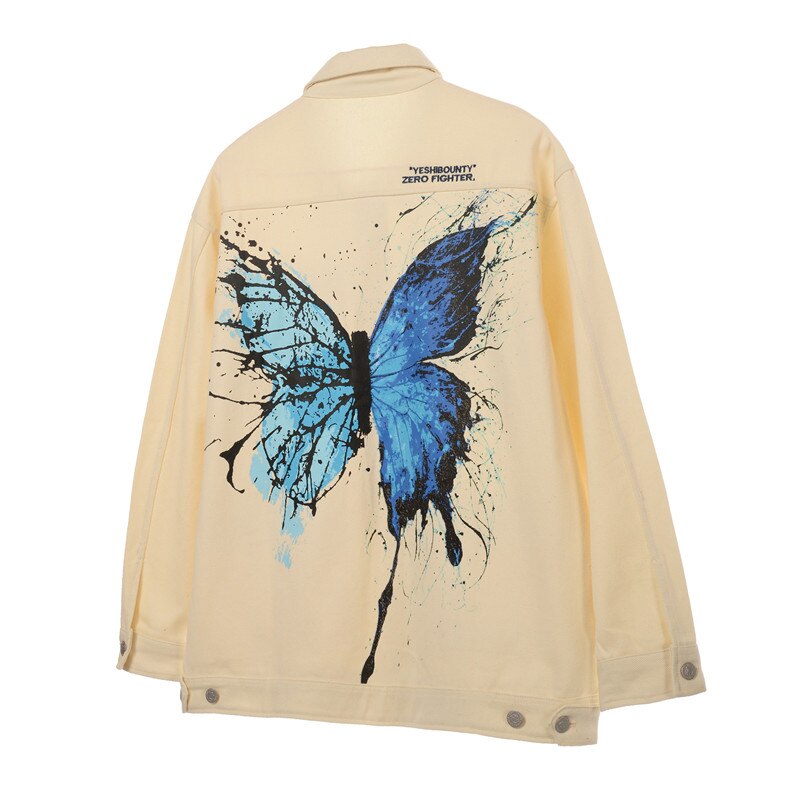 Butterfly Print Loose Denim Jacket - Khaki / S