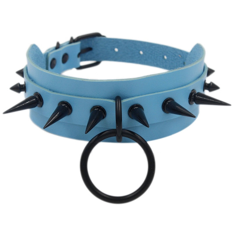 Gothic Punk O-ring Spike Collar Studded - Blue / One Size