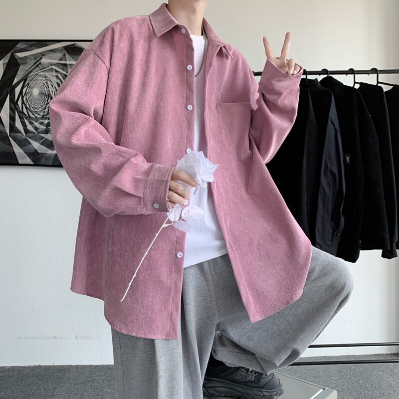 Corduroy Oversize Long Sleeve Shirts - Pink / S - Shirt