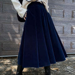 Solid Color Velvet Long High Waist Skirt - Blue / One Size