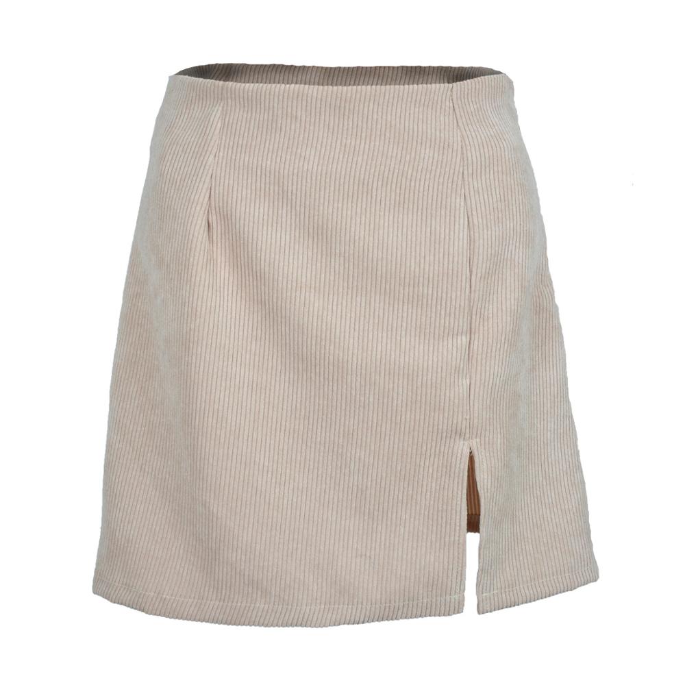 Corduroy High Waist Mid-Length Skirt - Yellow / S