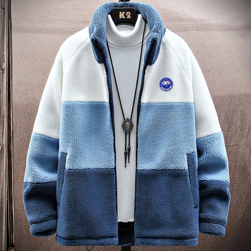 Patchwork Men’s Winter Warm Fleece Jacket - Blue / M