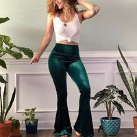 Thumbnail for Solid Color Velvet Stretchy High Waisted Flared Pants - Army