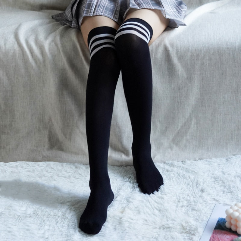 Solid Color Knee High Socks Mesh - stocking stripe B / One