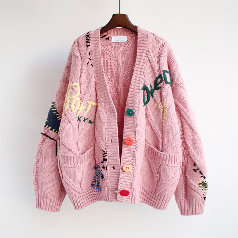Letters Embroidery Knitted Cardigan Sweater - Pink / S