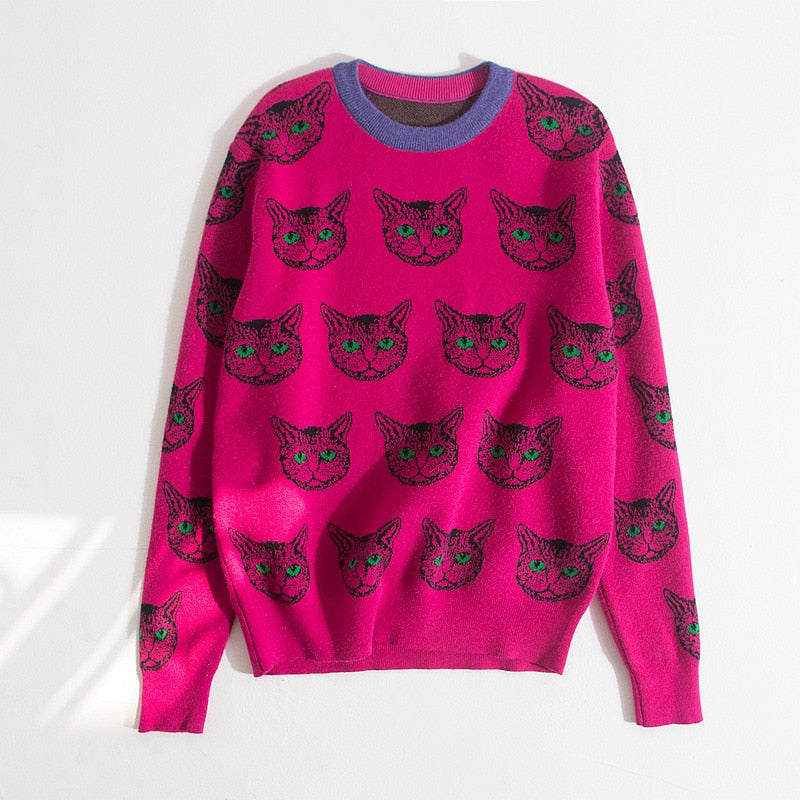 Psychedelic Cat Print Knitted Sweaters - Fuchsia / S -