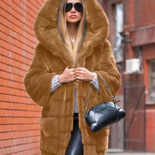 Solid Color Furry Warm Faux Fur Long Coat - Brown / S