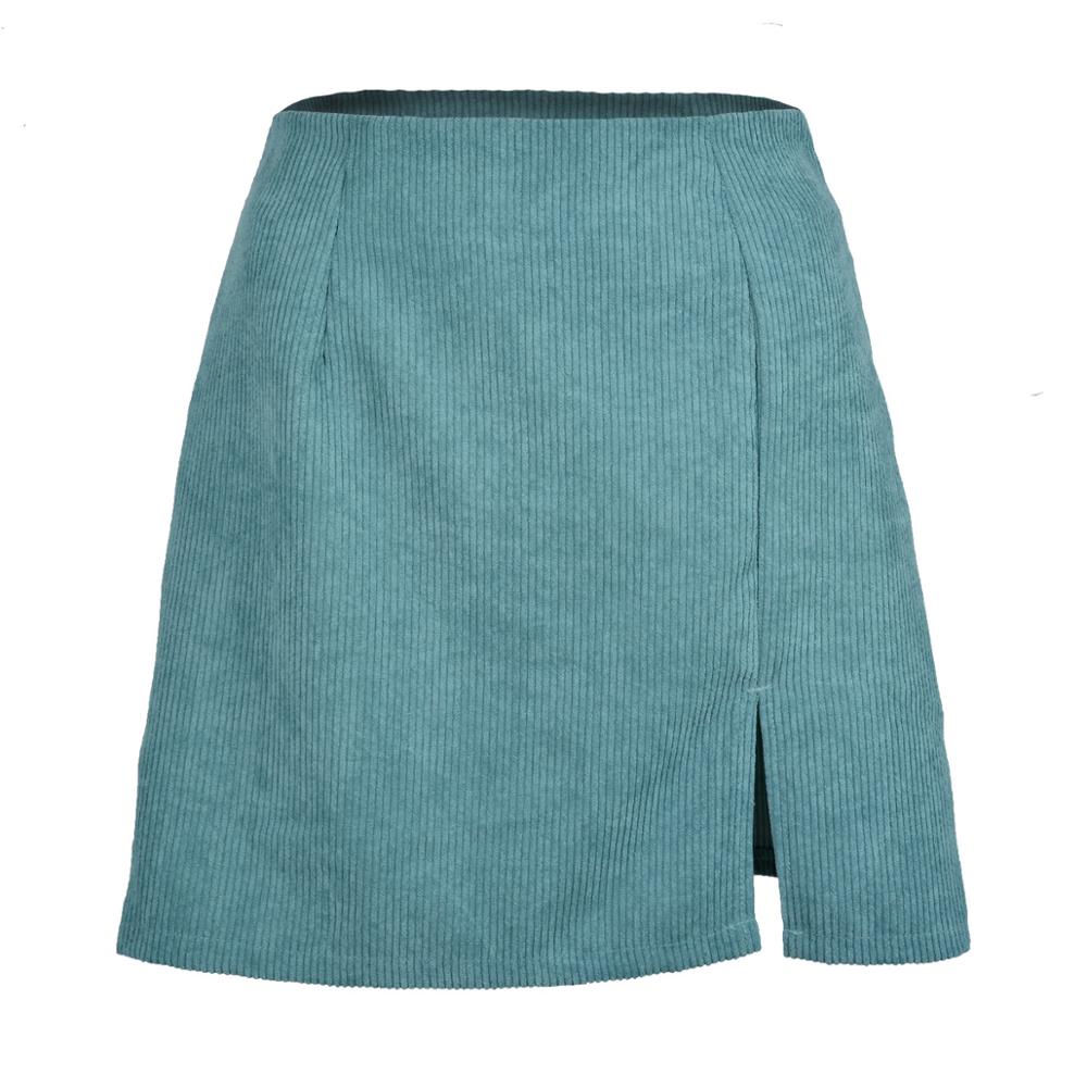 Corduroy High Waist Mid-Length Skirt - Blue / S