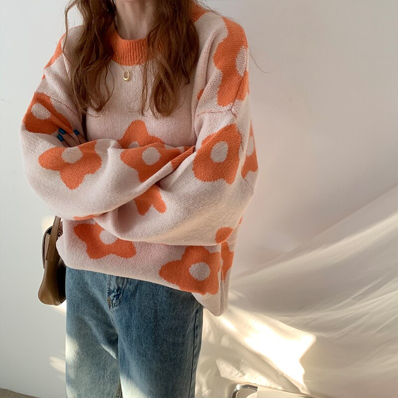Winter Knitted Flower Vintage Sweater - Orange / One Size