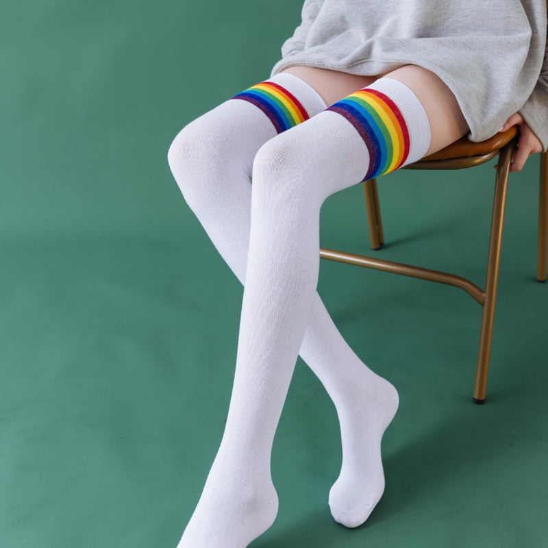 Rainbow Striped Long Socks - White / One Size