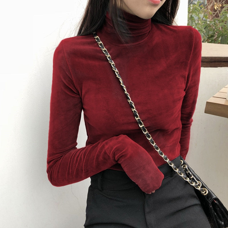 Solid Color Velvet Turtleneck Long Sleeve Blouse - Wine Red
