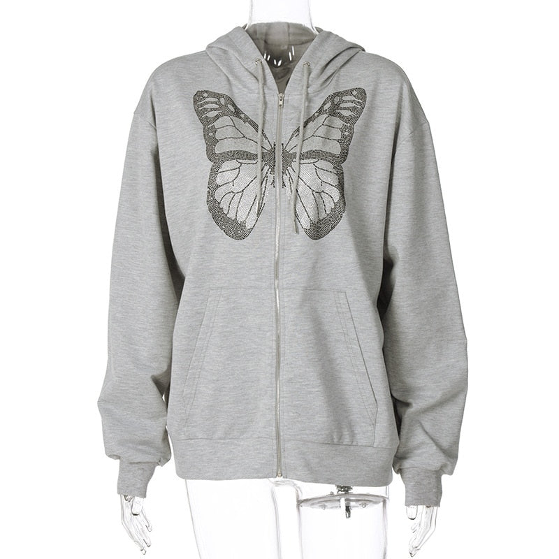 Rhinestone Butterfly Oversize Jacket - Gray / S - Jackets