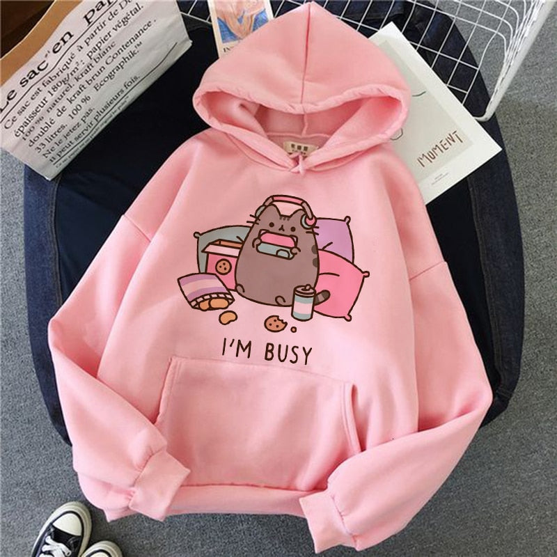Kawaii Cat Korean Hoodie - I’m busy / S / Pink - Hoodies