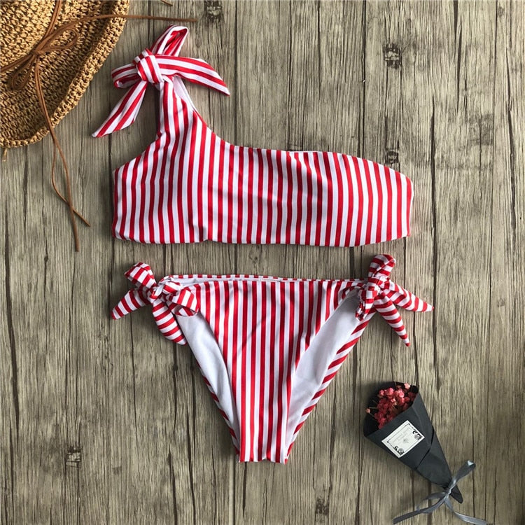 Aesthetic Striped One Shoulder Bikini - Red / S - Swimsuit