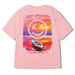 Cartoon Landscape Smile Oversized T-Shirt - Pink / XXXL