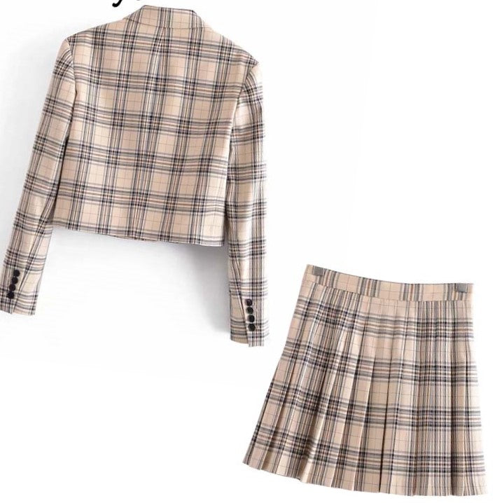 Fashion Plaid Blazer Jackets And Mini Skirts - Set