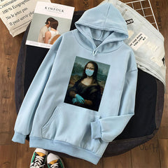 Mona Lisa with mask Art Lover Hoodie - Blue / M - Hoodies