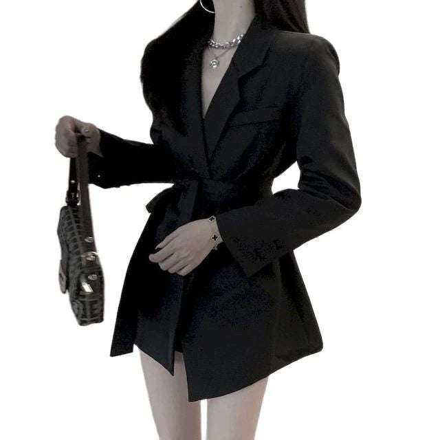 Solid Color Chain Embellished Loose Blazer - Black-Short / S