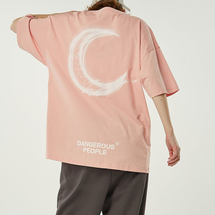 Printed Moon Short Sleeve T-shirt - Pink / XL - T-Shirt