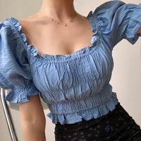 Thumbnail for Square Neck Pleated Crop Top - Blue / L - crop top