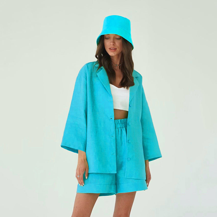 Solid Color Loose Set Short And Blazer - Cyan / S