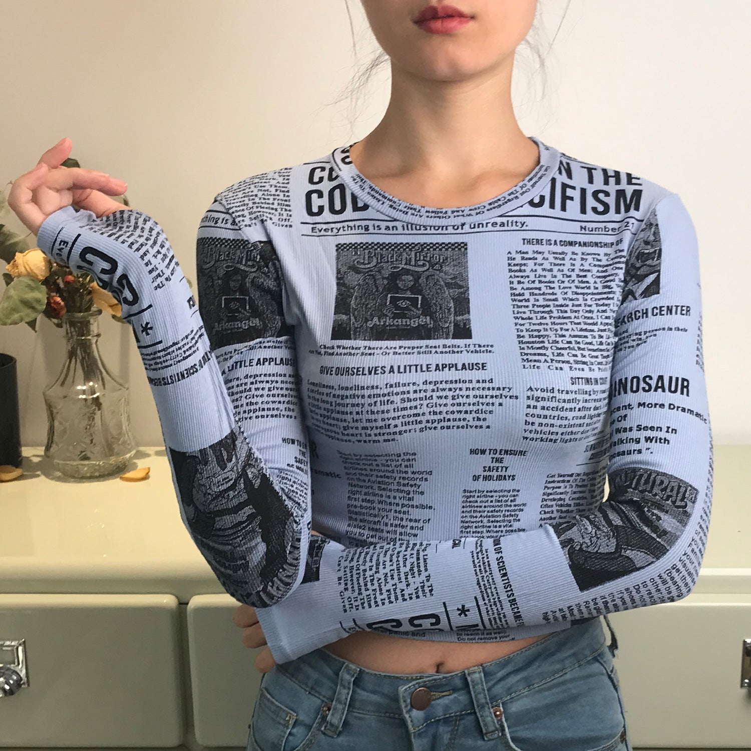 Newspaper Printed Long Sleeve Top - Blue / S